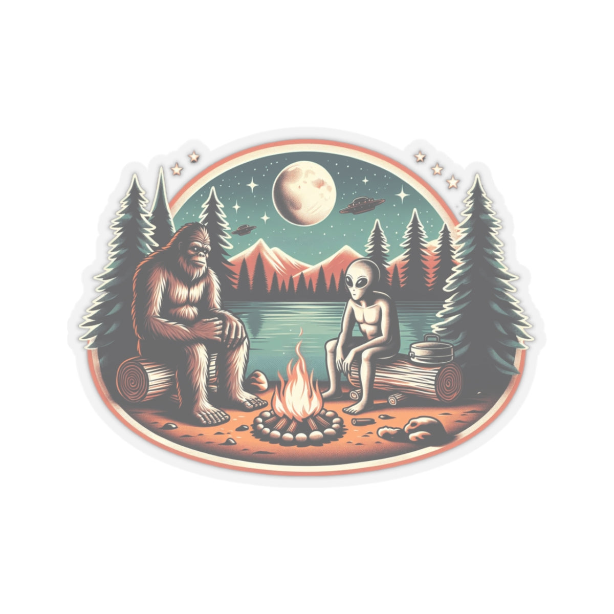 Bigfoot And Alien Campfire Sticker