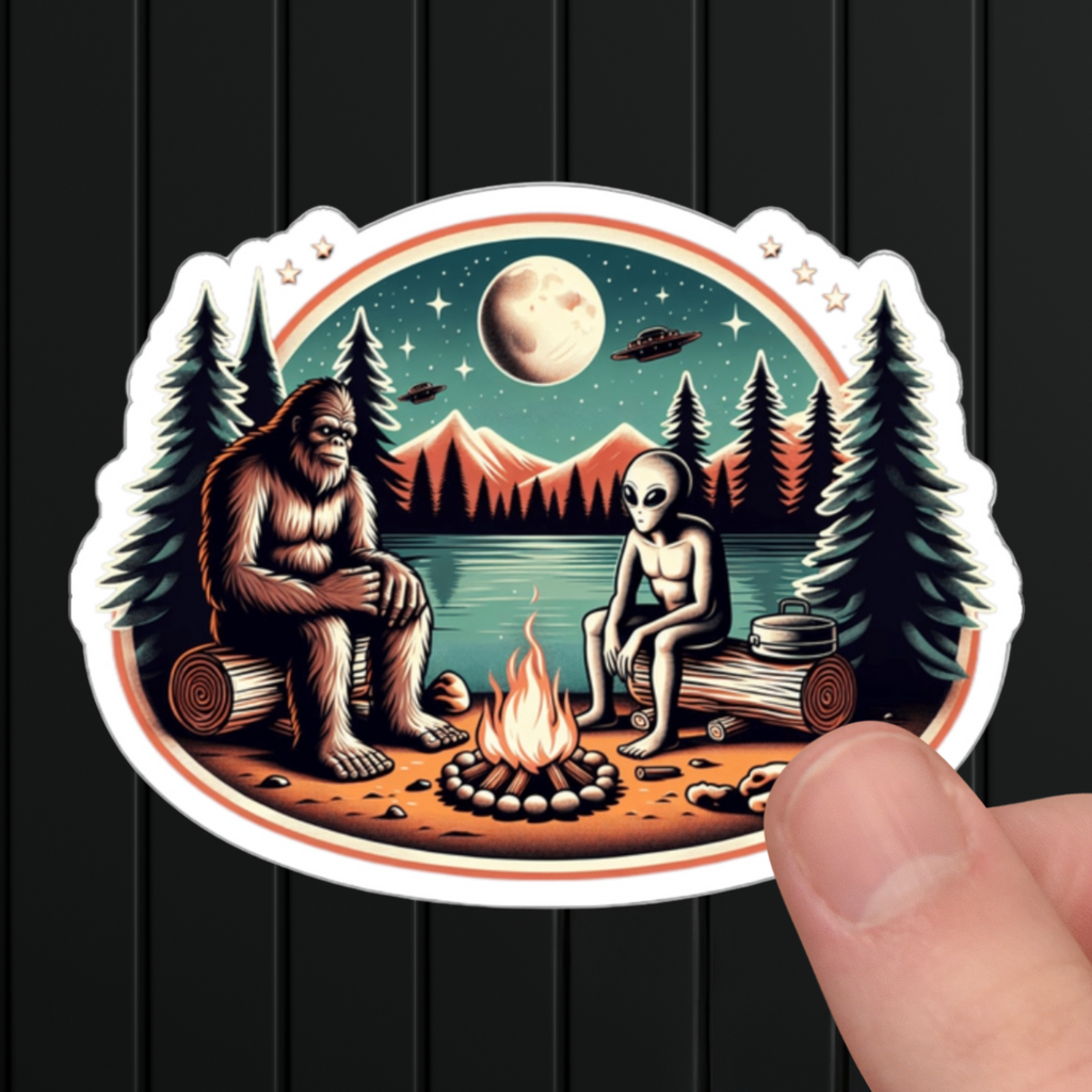 Bigfoot And Alien Campfire Sticker